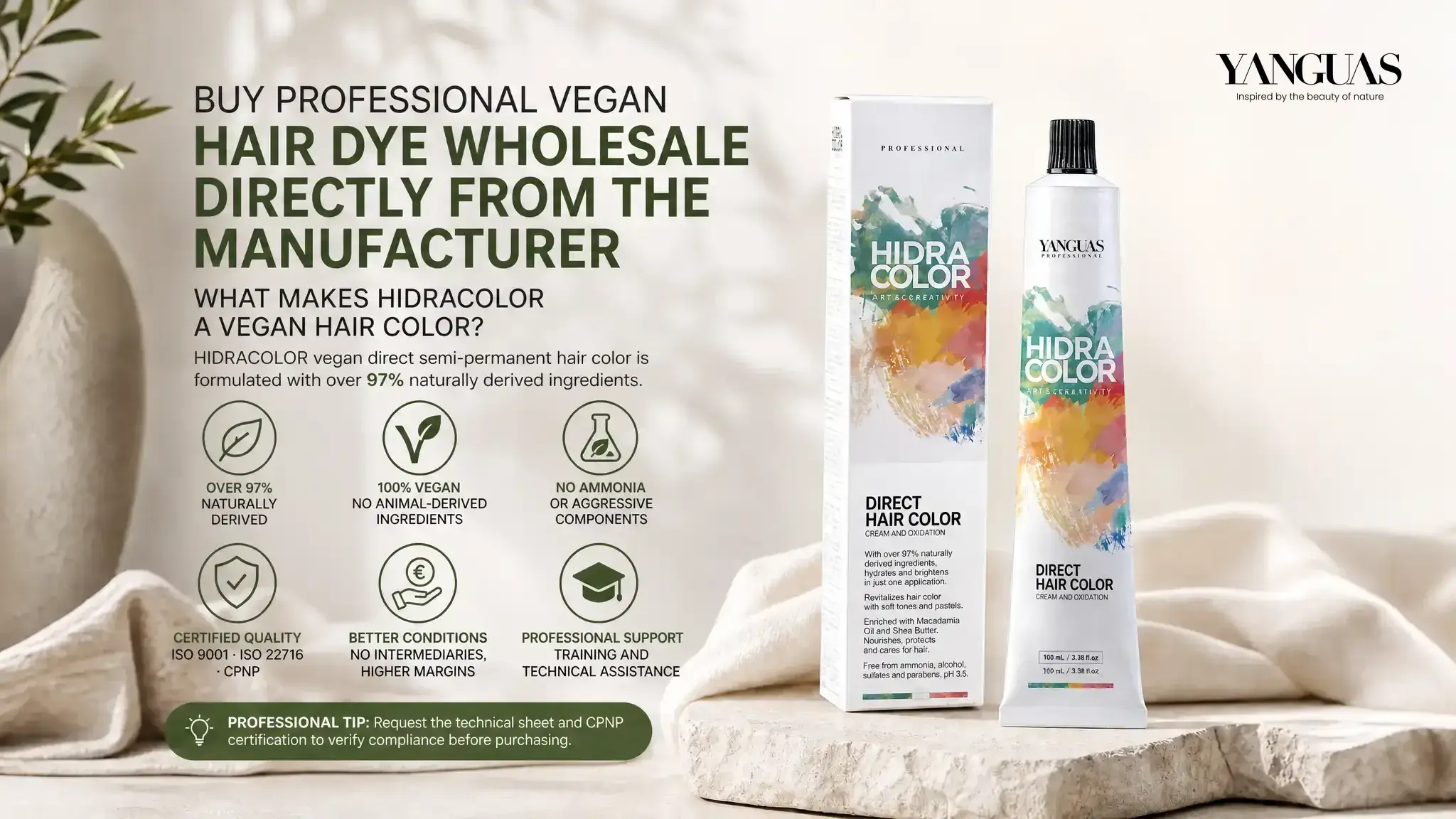 Buy wholesale vegan hair dye directly from the manufacturer. HIDRACOLOR by Yanguas Professional: exclusive professional channel, ISO 9001, and ISO 22716.