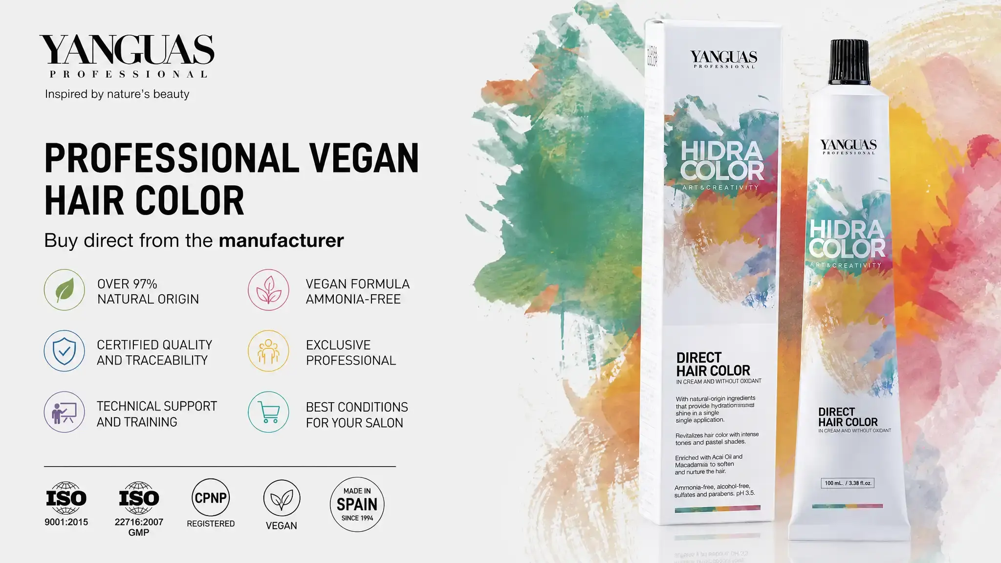 Buy wholesale vegan hair dye directly from the manufacturer. HIDRACOLOR by Yanguas Professional: exclusive professional channel, ISO 9001, and ISO 22716.