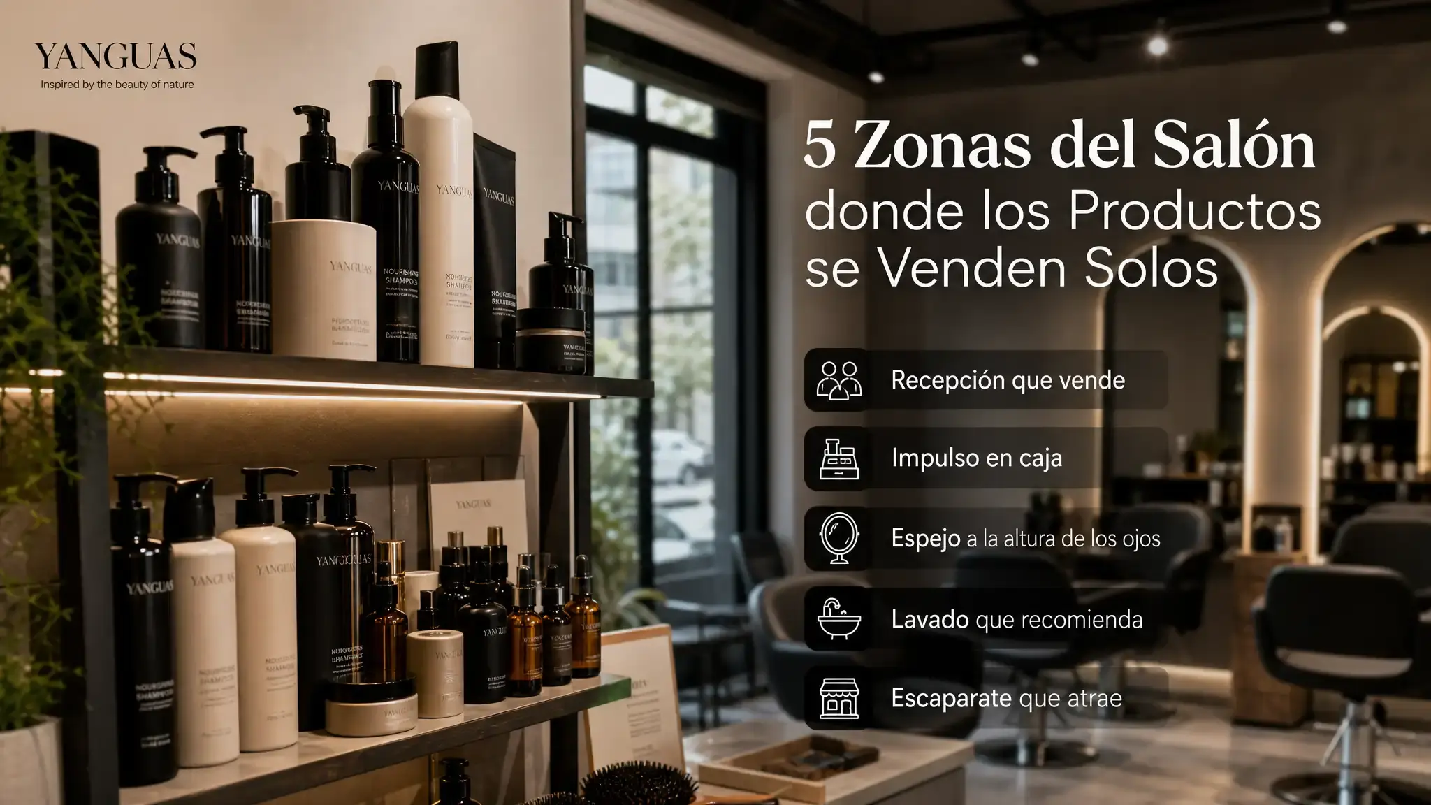 Los productos de venta en peluquería se ven más en recepción, frente al espejo, mostrador de caja, zona de lavado y escaparate, a la altura de los ojos.