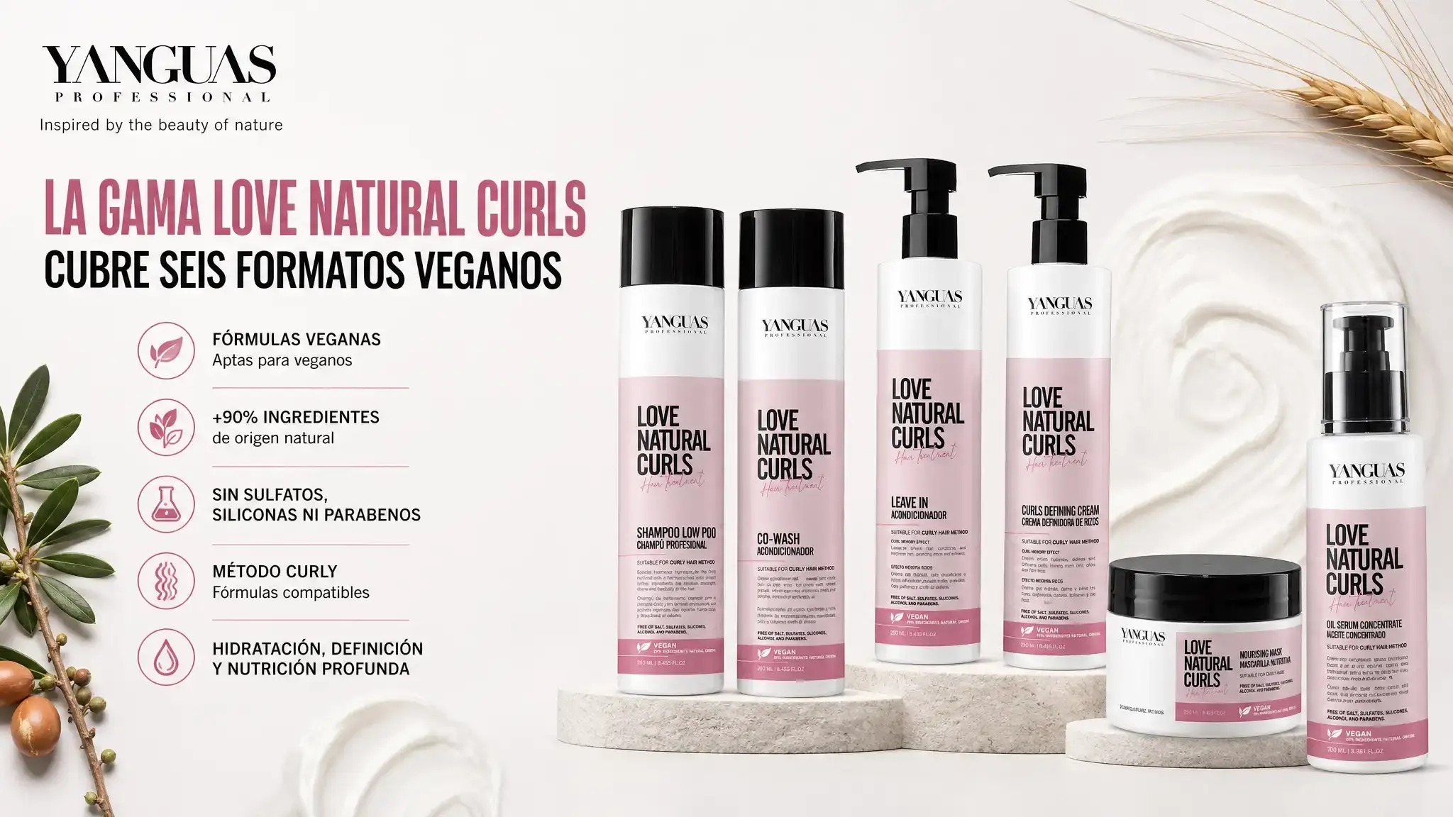 La línea Love Natural Curls incluye seis formatos veganos profesionales: champú, co-wash, mascarilla, leave-in, crema definidora y aceite concentrado. Sin sulfatos ni siliconas.