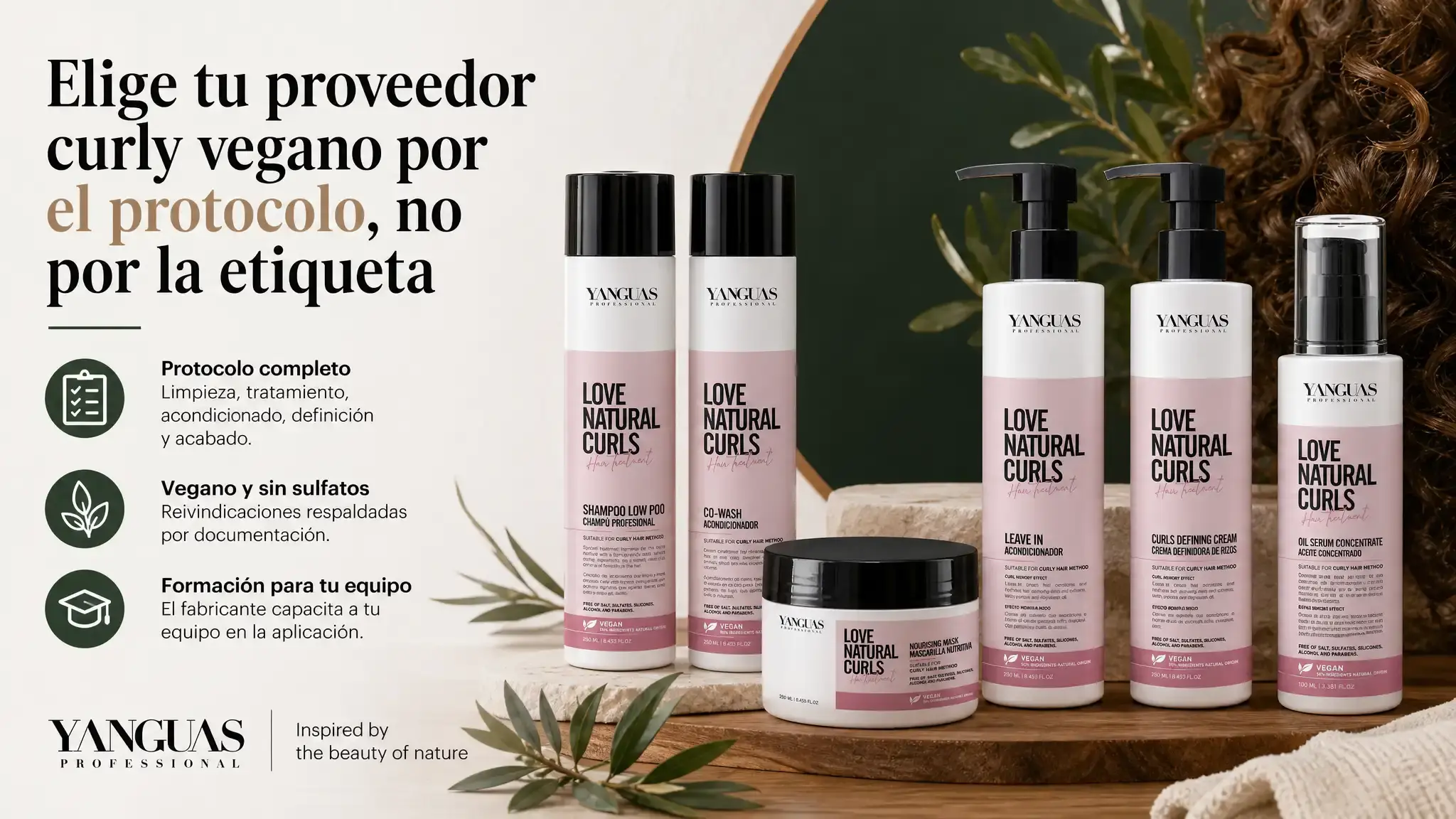 Exige una línea que cubra el protocolo curly completo, reivindicaciones veganas documentadas y formación del fabricante para tu equipo.