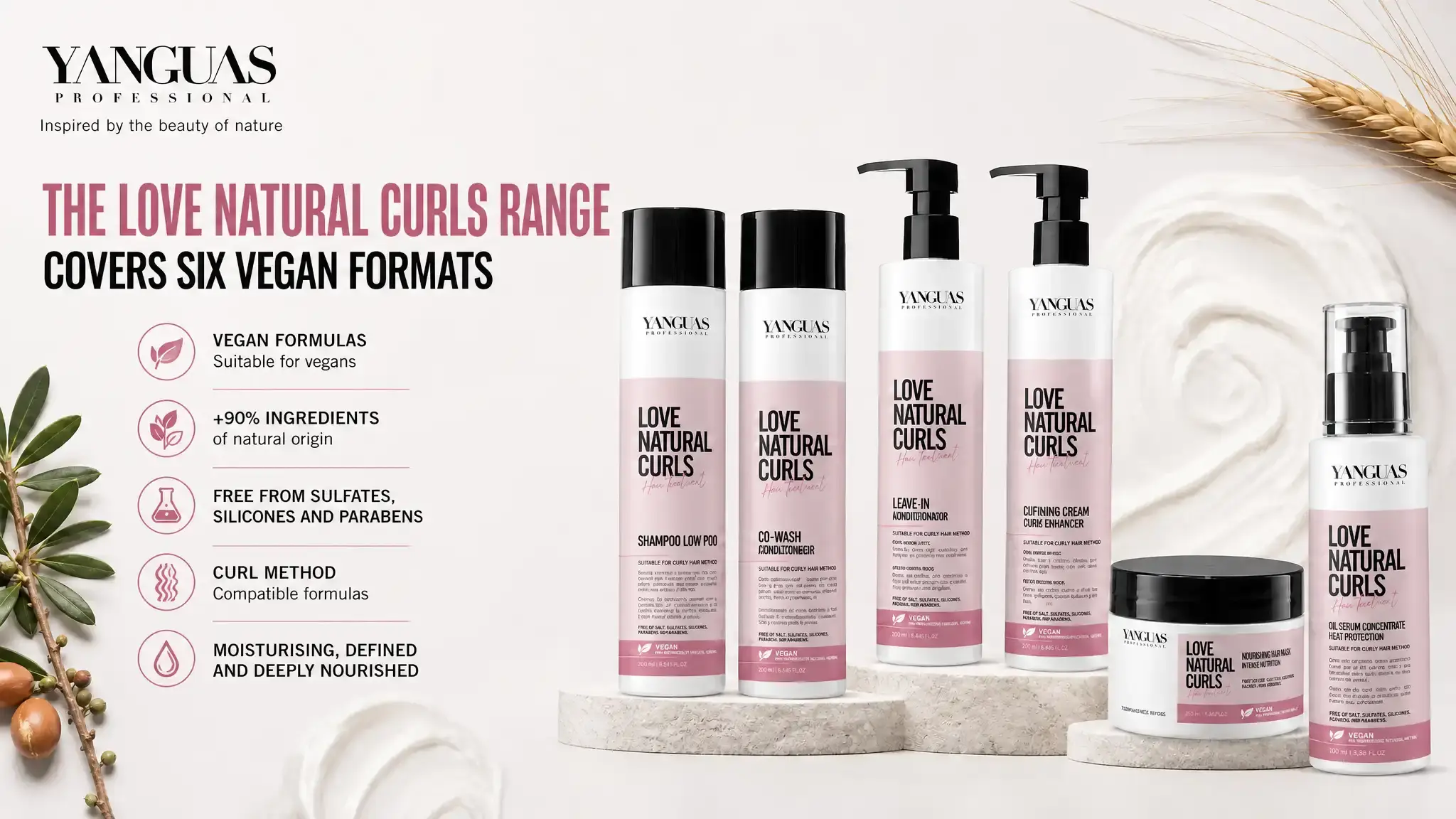 The Love Natural Curls line includes six professional vegan formats: shampoo, co-wash, mask, leave-in, defining cream, and concentrated oil. Sulfate and silicone-free.