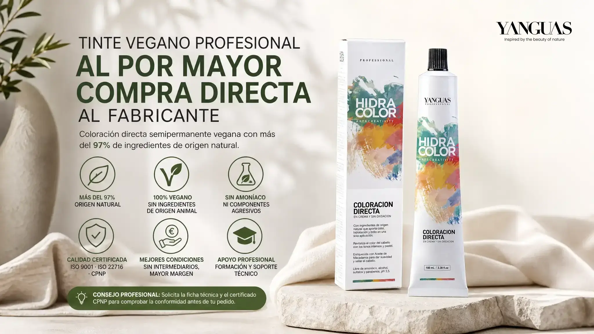 Compra tinte vegano al por mayor directamente al fabricante. HIDRACOLOR de Yanguas Professional: canal exclusivo profesional, ISO 9001 e ISO 22716.