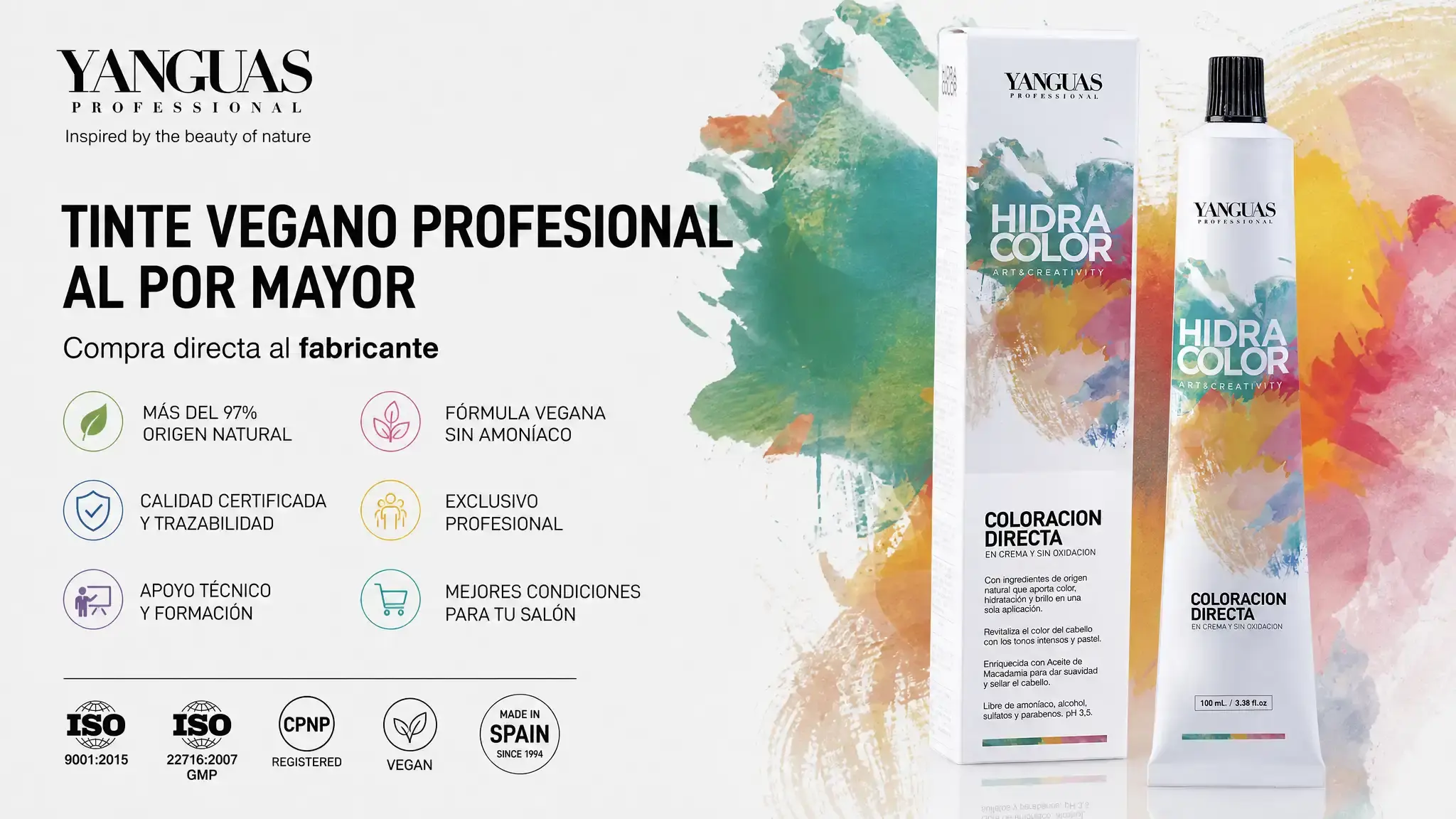 Compra tinte vegano al por mayor directamente al fabricante. HIDRACOLOR de Yanguas Professional: canal exclusivo profesional, ISO 9001 e ISO 22716.